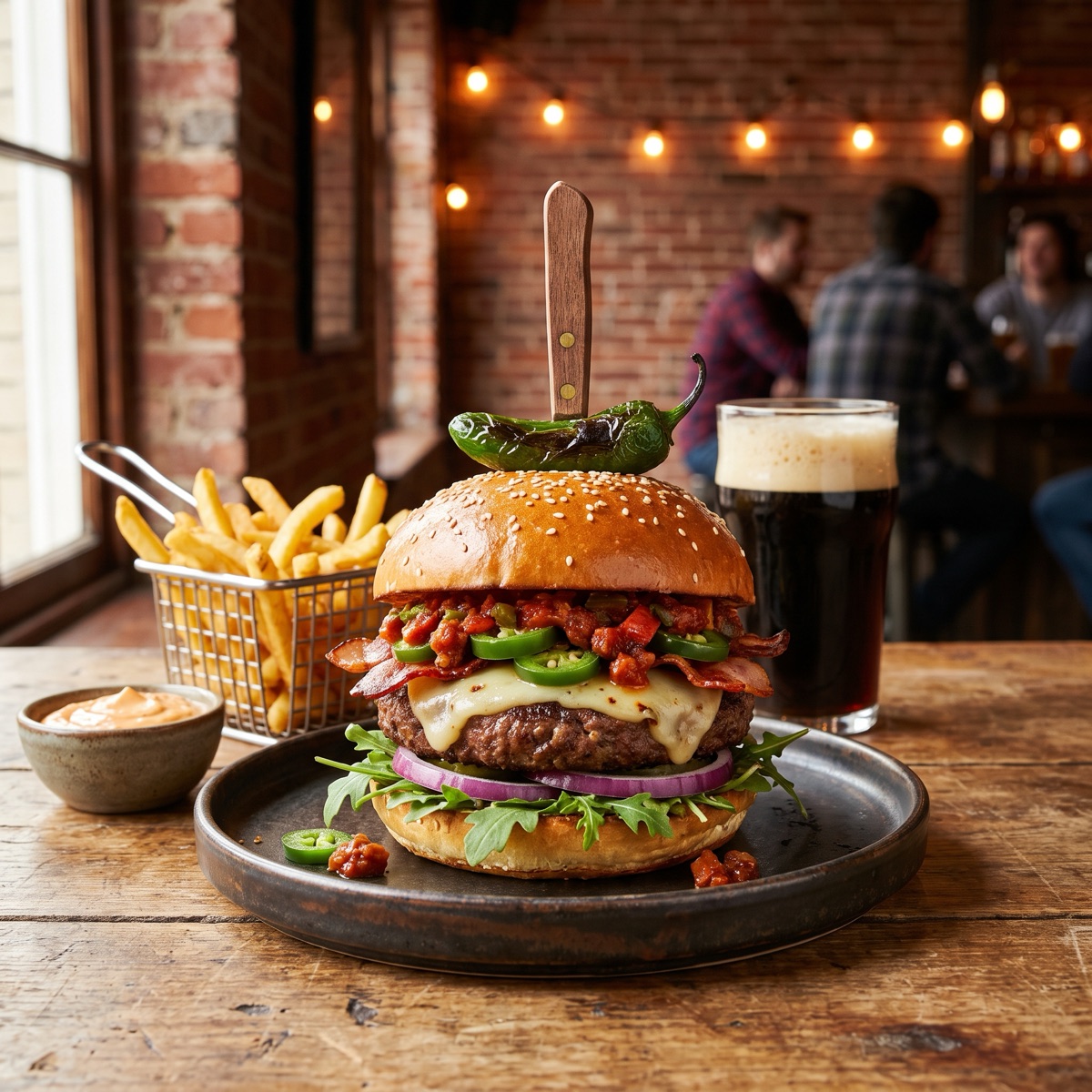 Spicy Burger mit Jalapeños, Salat und Tomate